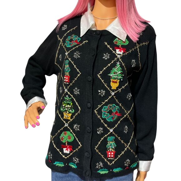 OHI Vintage Black Christmas Holiday Knit Cardigan Sweater Embroidered Beaded - Picture 7 of 13